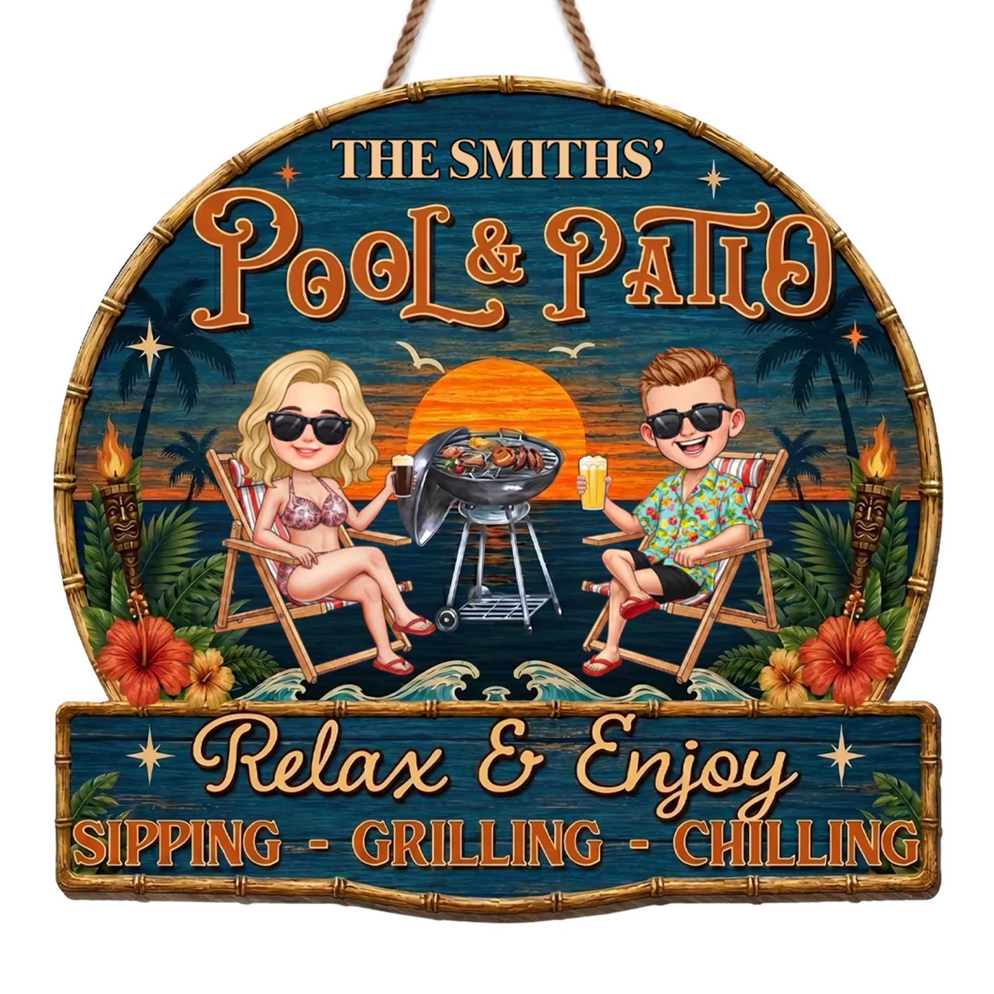 Custom pool and patio wood sign with cartoon couple relaxing by the grill - personalized backyard decor image 7