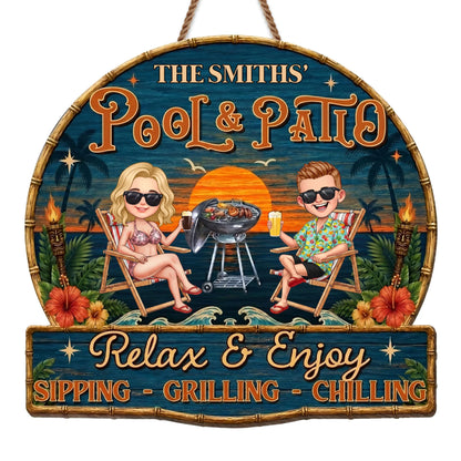 Custom pool and patio wood sign with cartoon couple relaxing by the grill - personalized backyard decor image 7