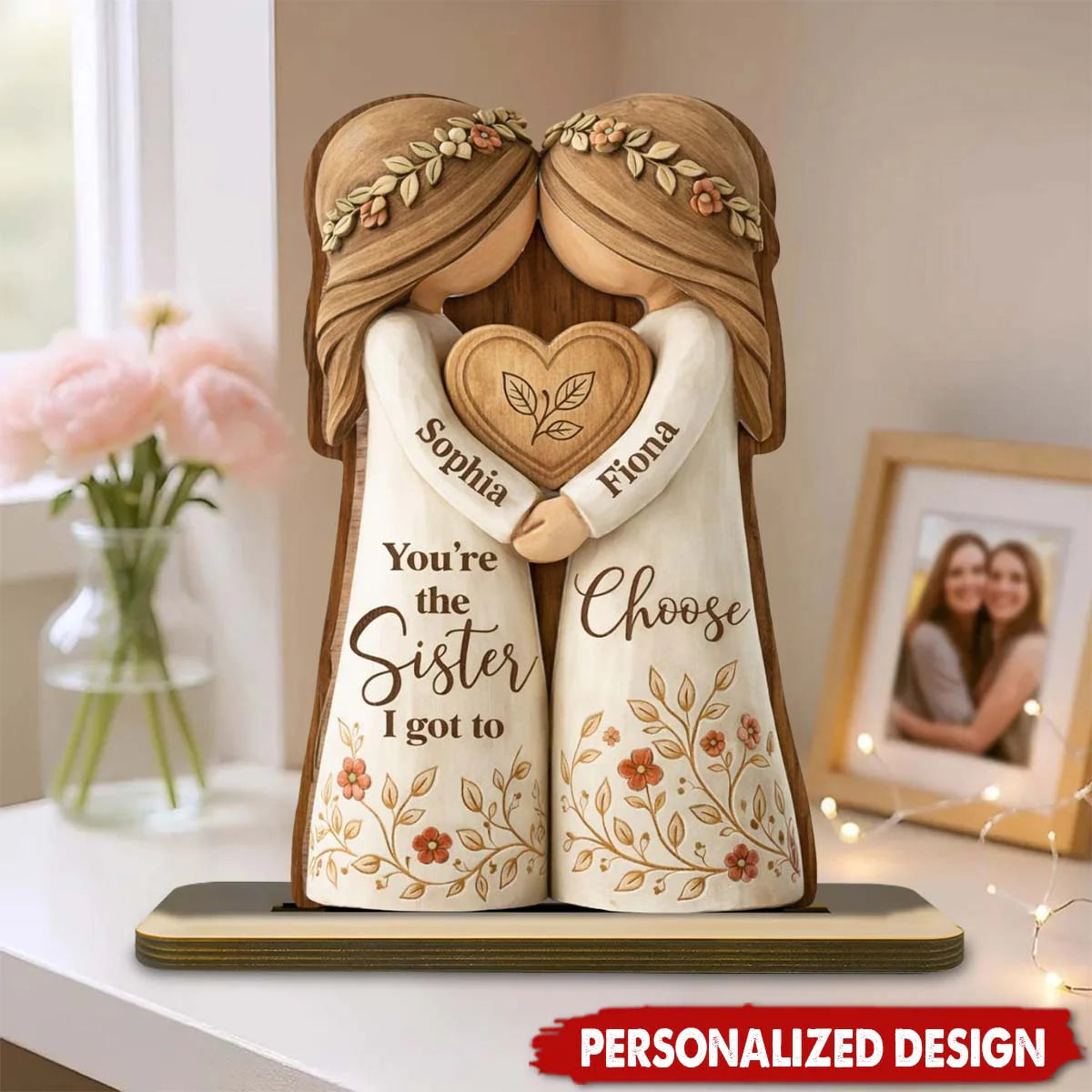 Personalized sister wood plaque featuring two best friends holding a heart, perfect custom friendship gift