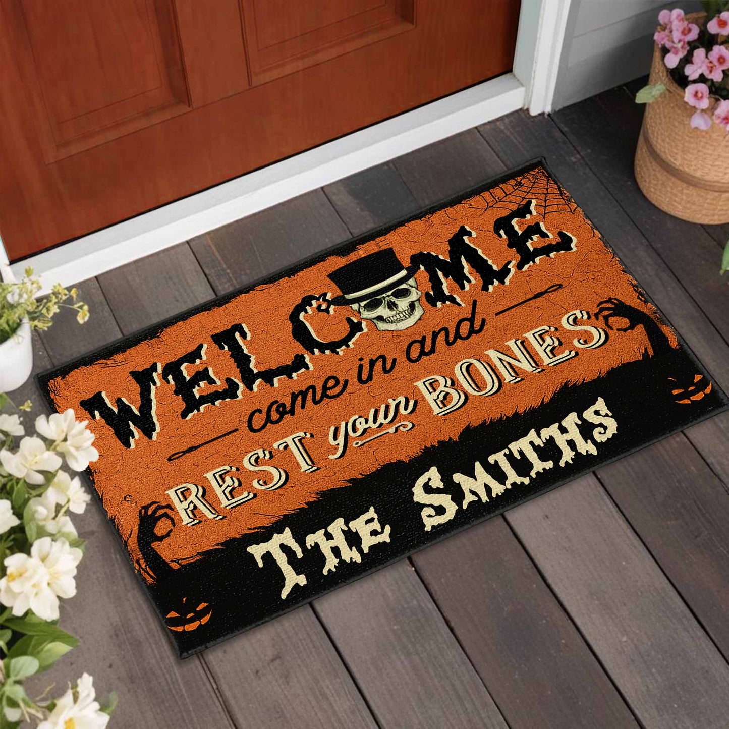 "Come In And Rest Your Bones" Personalized Halloween Doormat - Custom Front Porch Decor for Family