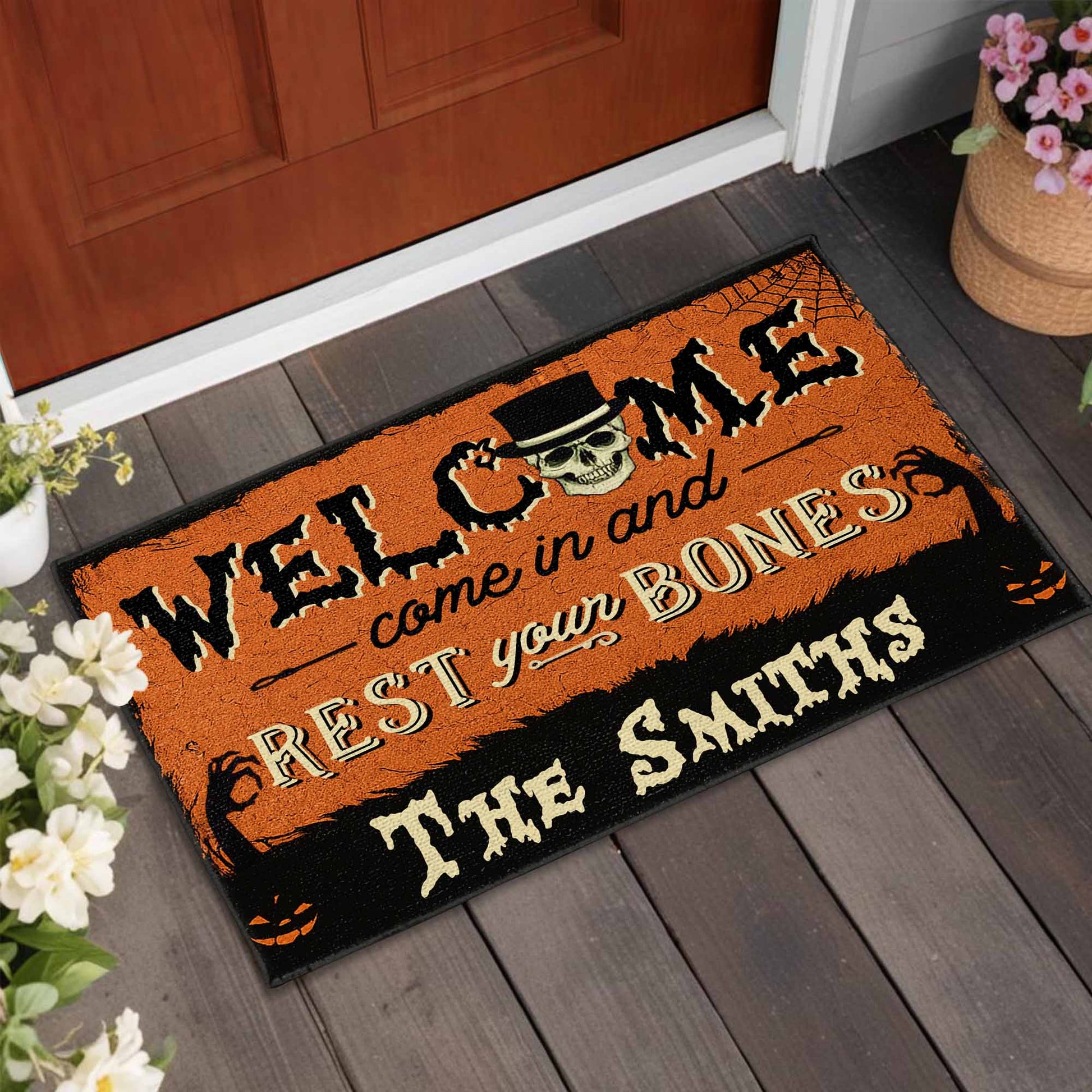 "Come In And Rest Your Bones" Personalized Halloween Doormat - Custom Front Porch Decor for Family