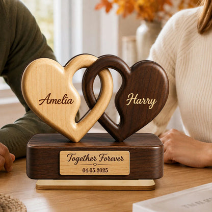 "Together Forever" Interlocking Hearts Personalized Wooden Plaque - Custom Couple Gift for Anniversary