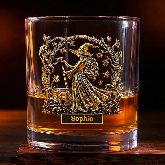 Personalized witch whiskey glass featuring intricate witch art and custom name plate - unique Halloween gift