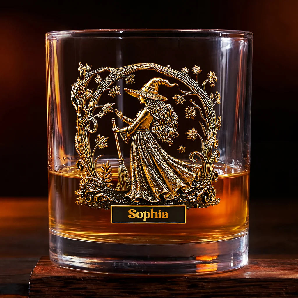 Personalized witch whiskey glass featuring intricate witch art and custom name plate - unique Halloween gift