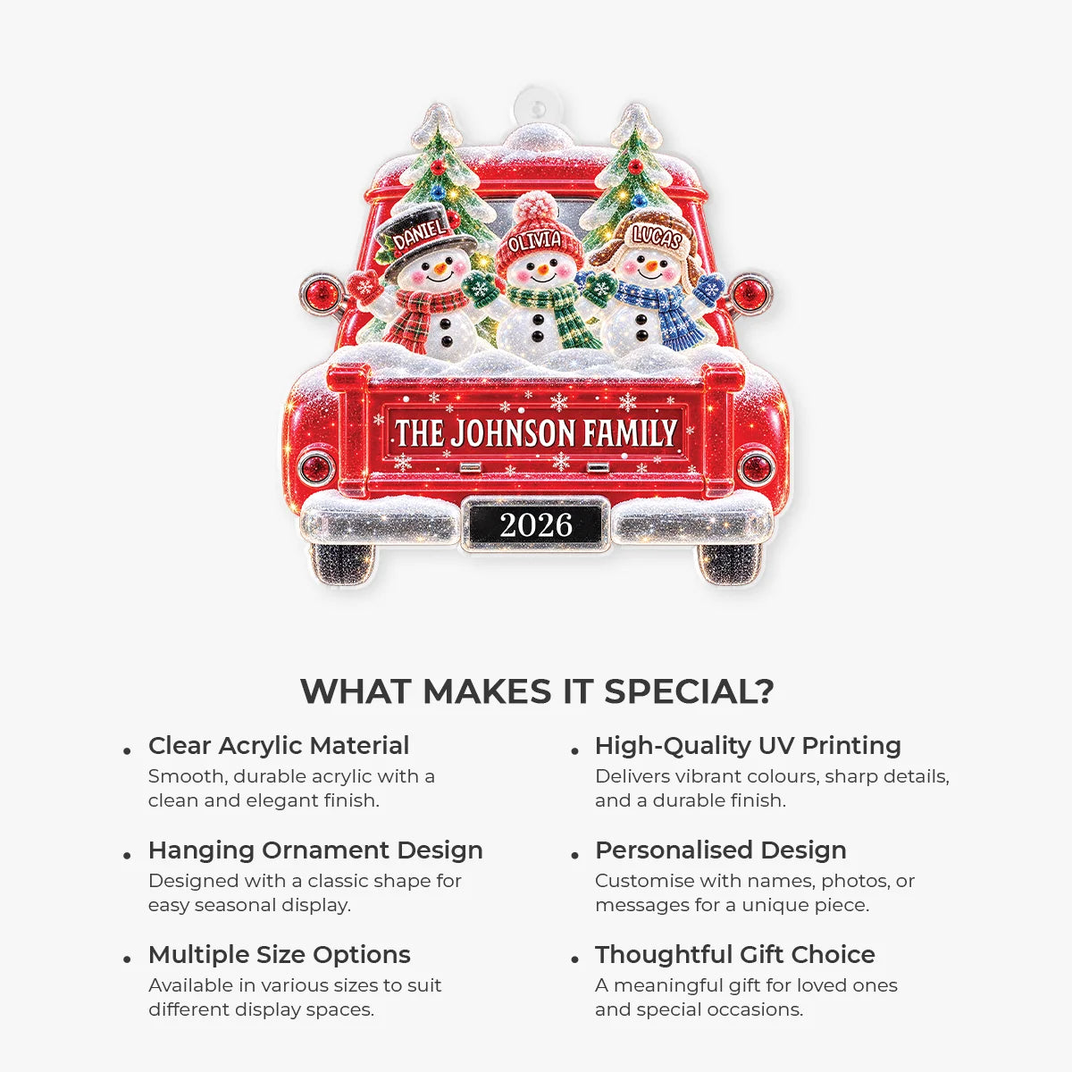 Snowman Family in Red Truck - Personalized Acrylic Ornament for Family Christmas Keepsake