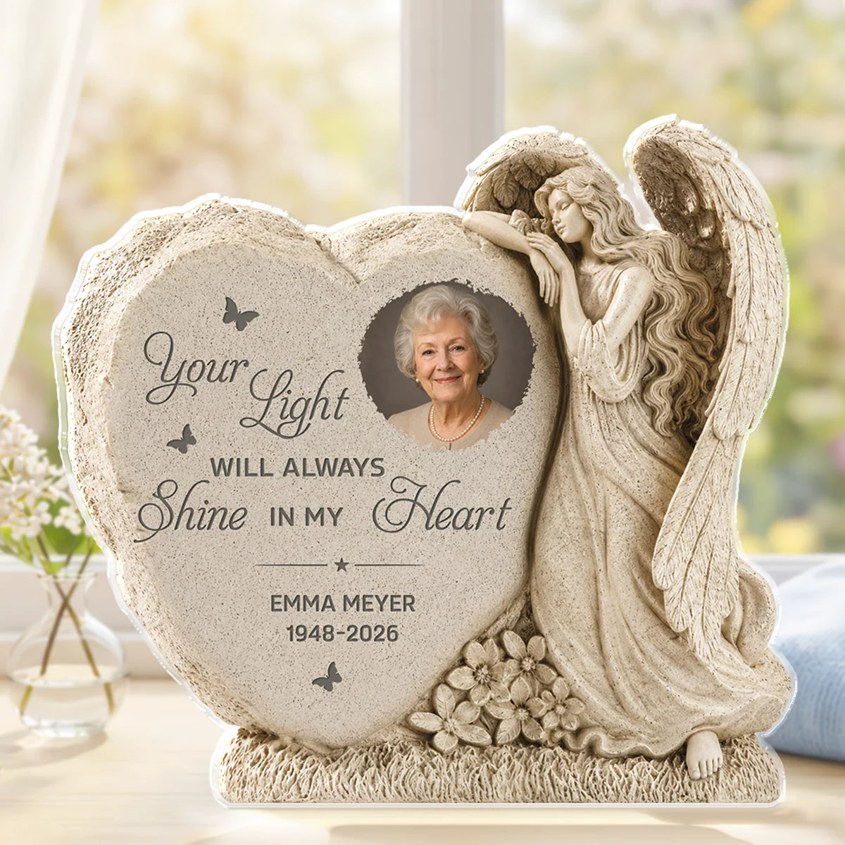 Your Light Will Always Shine In My Heart - Personalized Angel Acrylic Memorial Plaque