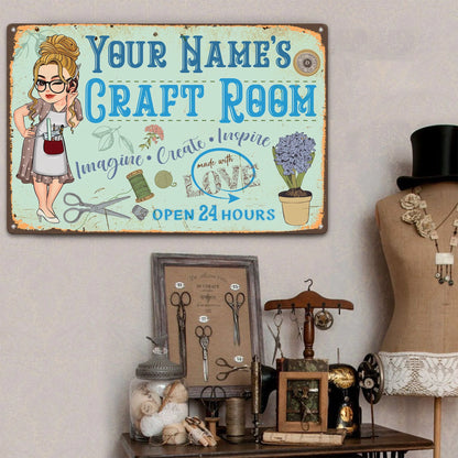 "Imagine Create Inspire" Personalized Craft Room Metal Sign - Custom Sewing Decor Gift
