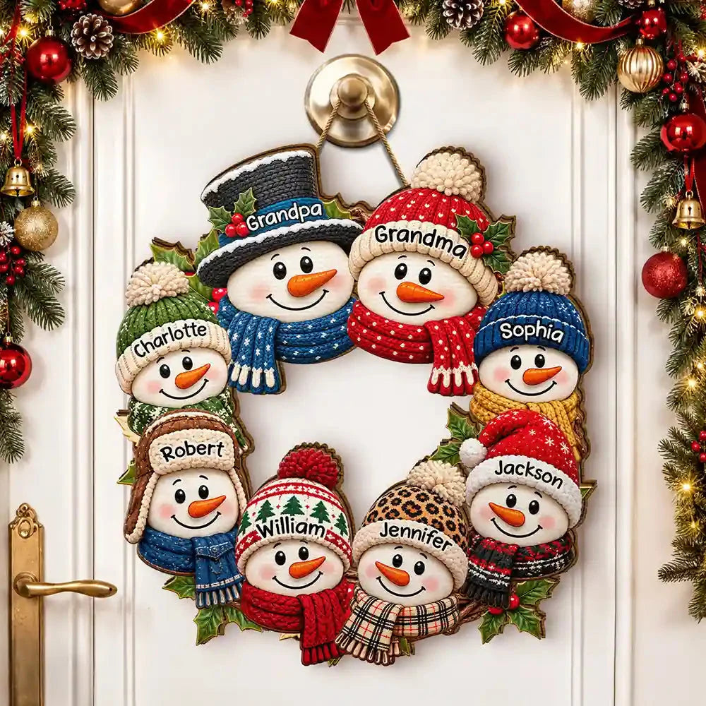Grandkids Gather Here Personalized Wood Sign - Custom Christmas Snowman Wreath Plaque for Grandparents
