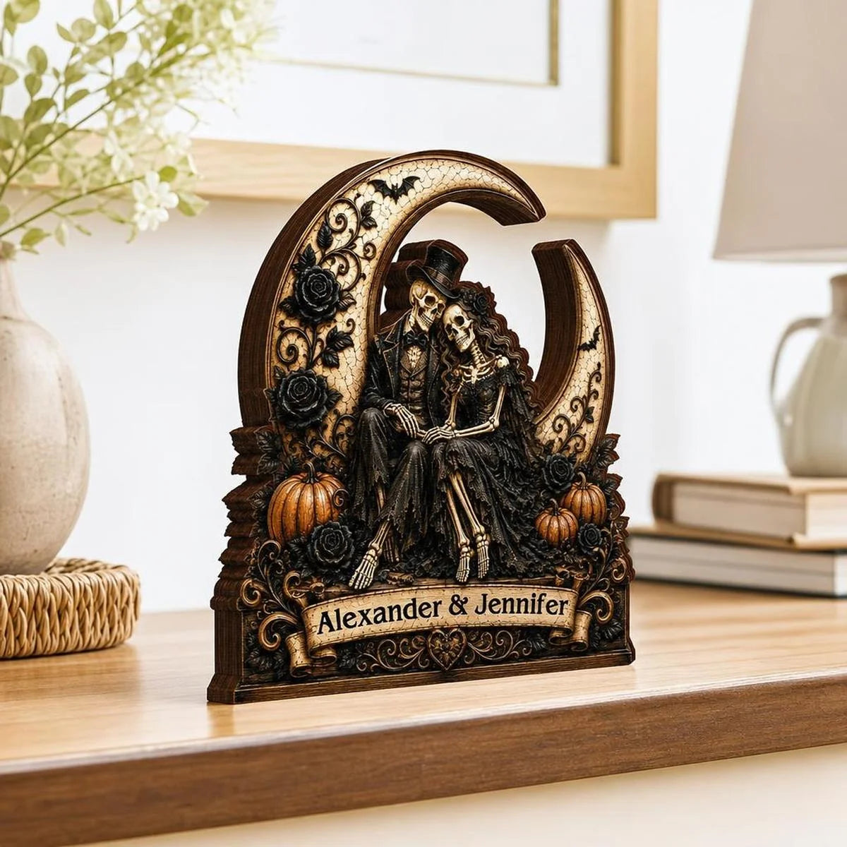 Eternal Skeleton Couple On Moon Personalized Wooden Block - Custom Gothic Halloween Wedding Gift for Couples