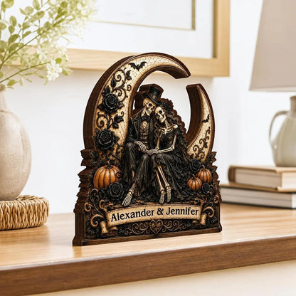 Eternal Skeleton Couple On Moon Personalized Wooden Block - Custom Gothic Halloween Wedding Gift for Couples