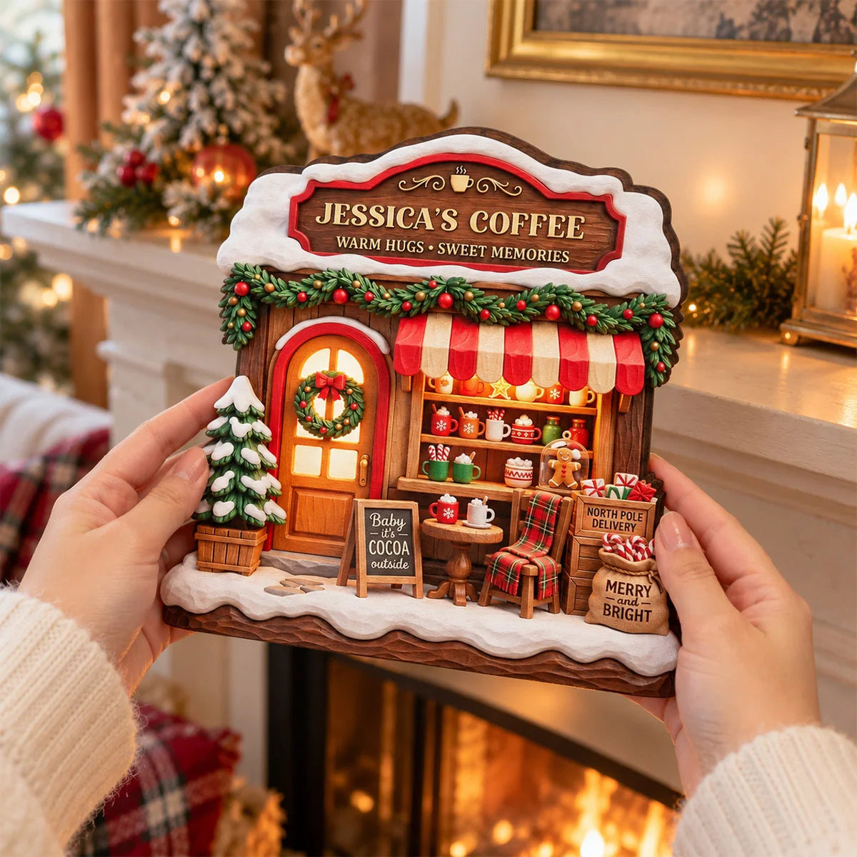 Warm Hugs Sweet Memories Coffee House - Custom Wooden Block for Family Christmas Decor