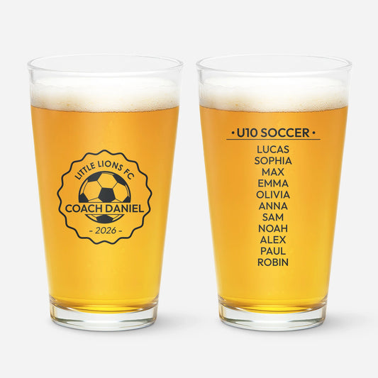Personalized soccer coach gift 16 oz beer glass featuring custom team roster list and coach name emblem