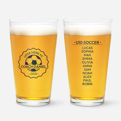 Personalized soccer coach gift 16 oz beer glass featuring custom team roster list and coach name emblem