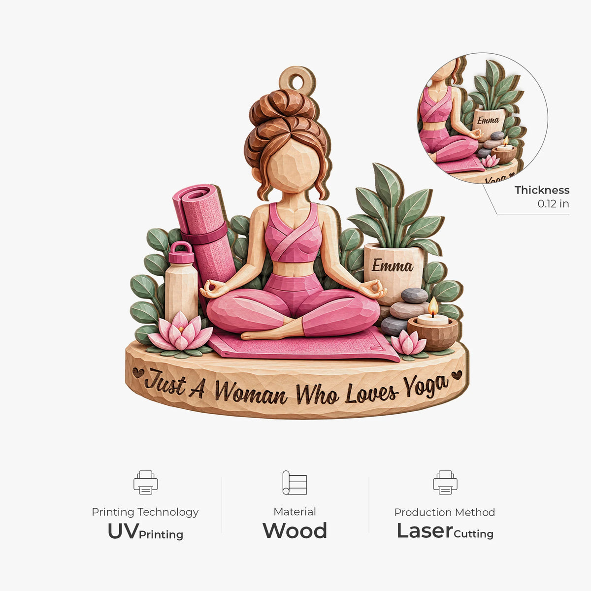 Just A Woman Who Loves Yoga Personalized Wooden Ornament - Custom Meditation Christmas Keepsake for Yogis