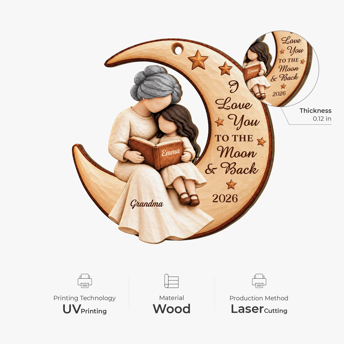 I Love You to the Moon and Back Personalized Wooden Ornament - Christmas Gift for Grandma and Mom