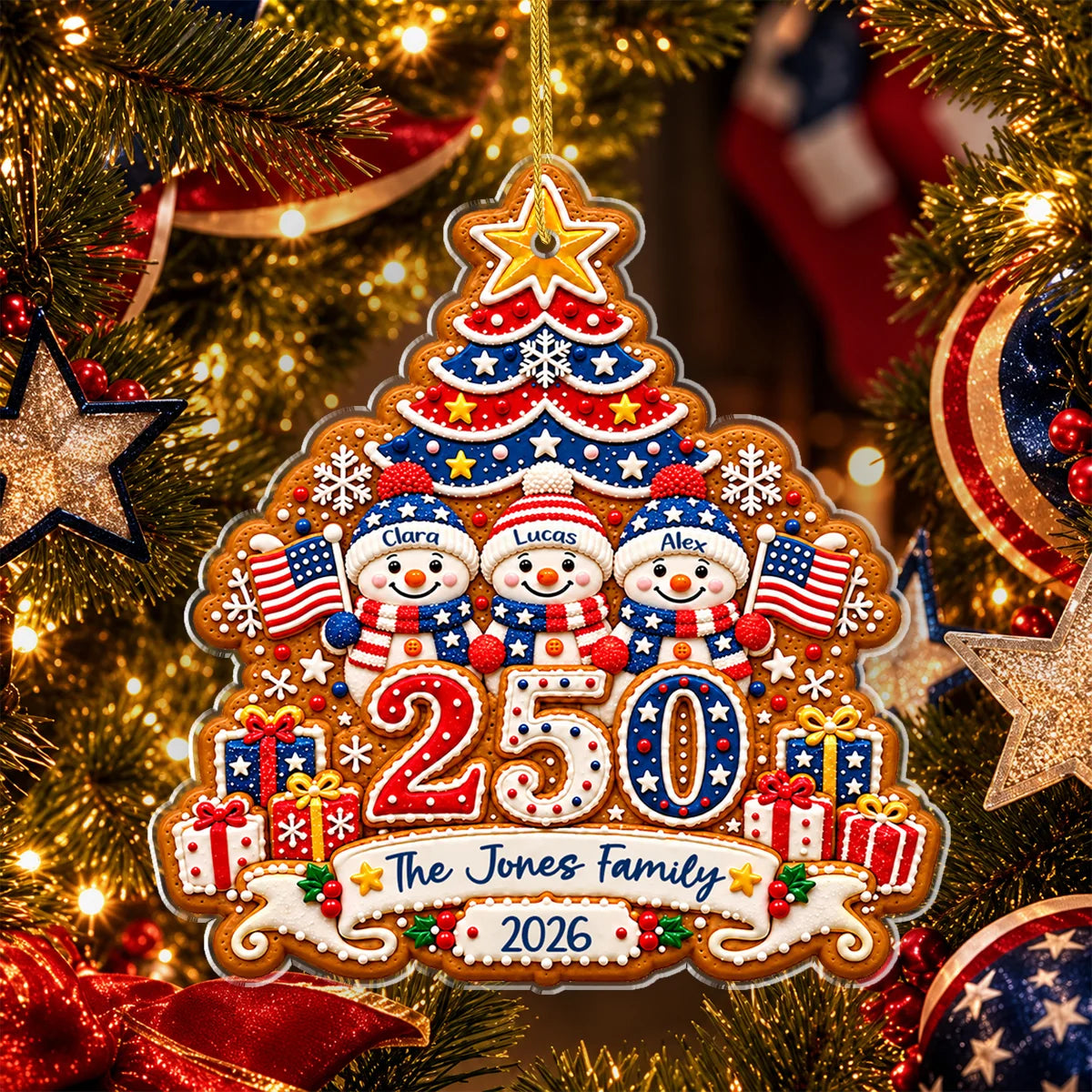 America 250 Patriotic Snowman Personalized Family Christmas Ornament - Custom 2026 Acrylic Holiday Keepsake