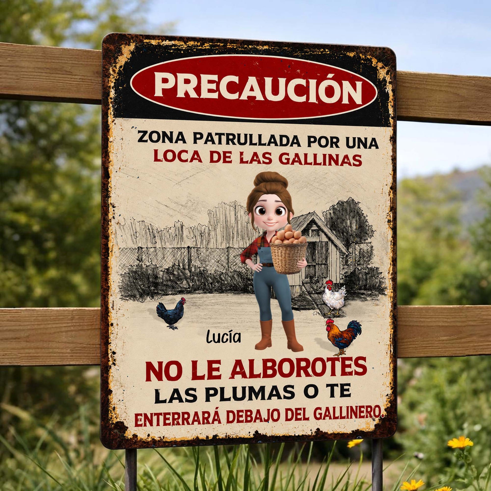 Personalized metal sign featuring Spanish crazy chicken lady warning text for farm decor gift image 7