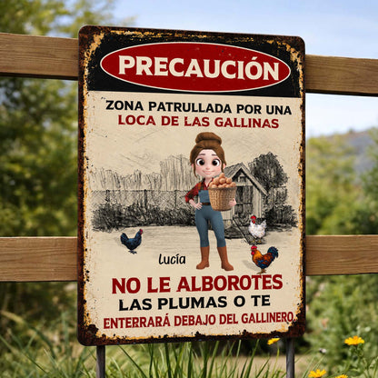 Personalized metal sign featuring Spanish crazy chicken lady warning text for farm decor gift image 7