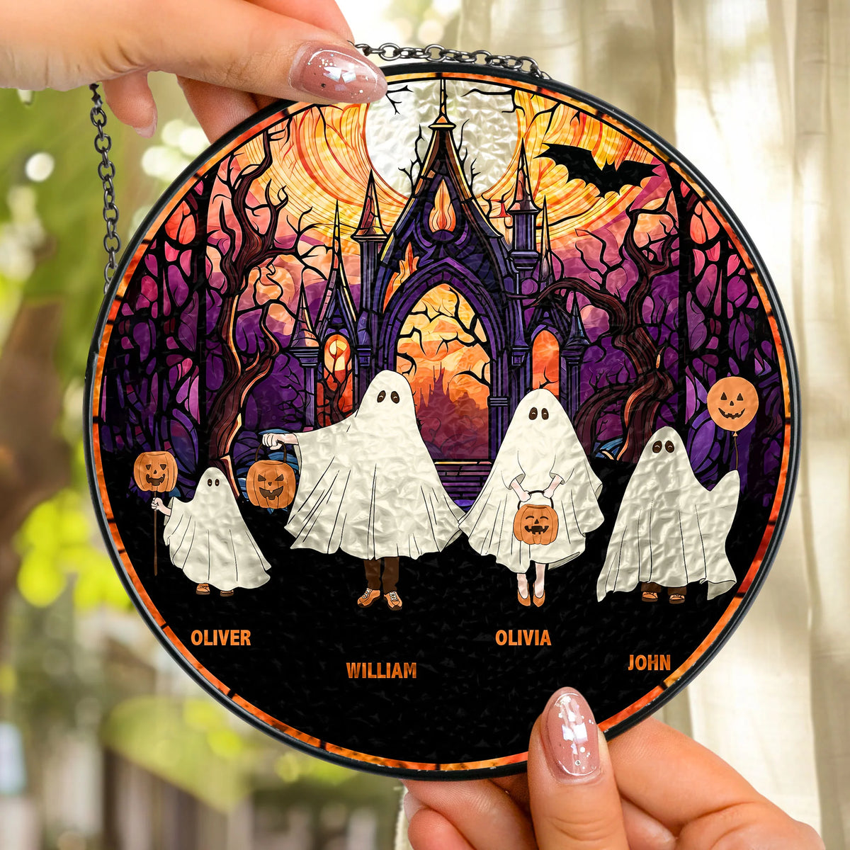 Ghost Family Personalized Suncatcher - Custom Stained Glass Window Hanging for Family Halloween Decor