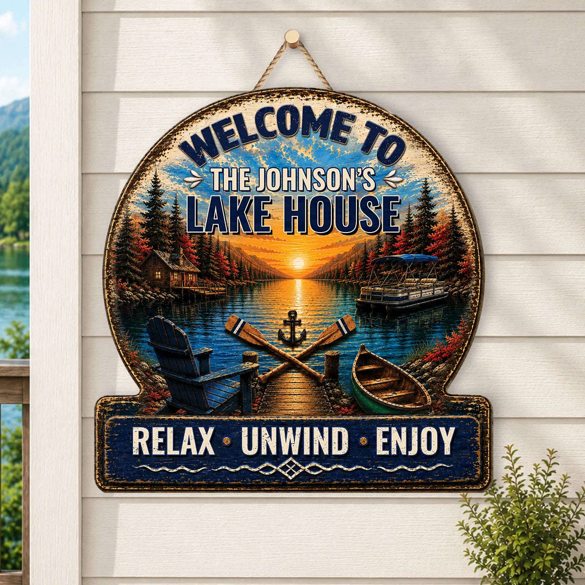 Personalized Lake House Wood Sign personalization view for Family