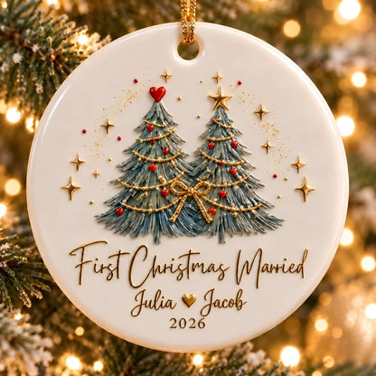 First Christmas Married Personalized Ceramic Ornament - Custom Newlywed Holiday Keepsake Gift for Couples