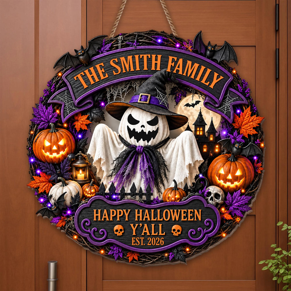 Happy Halloween Y'all Personalized Wood Sign - Custom Ghost Wreath Decor for Family