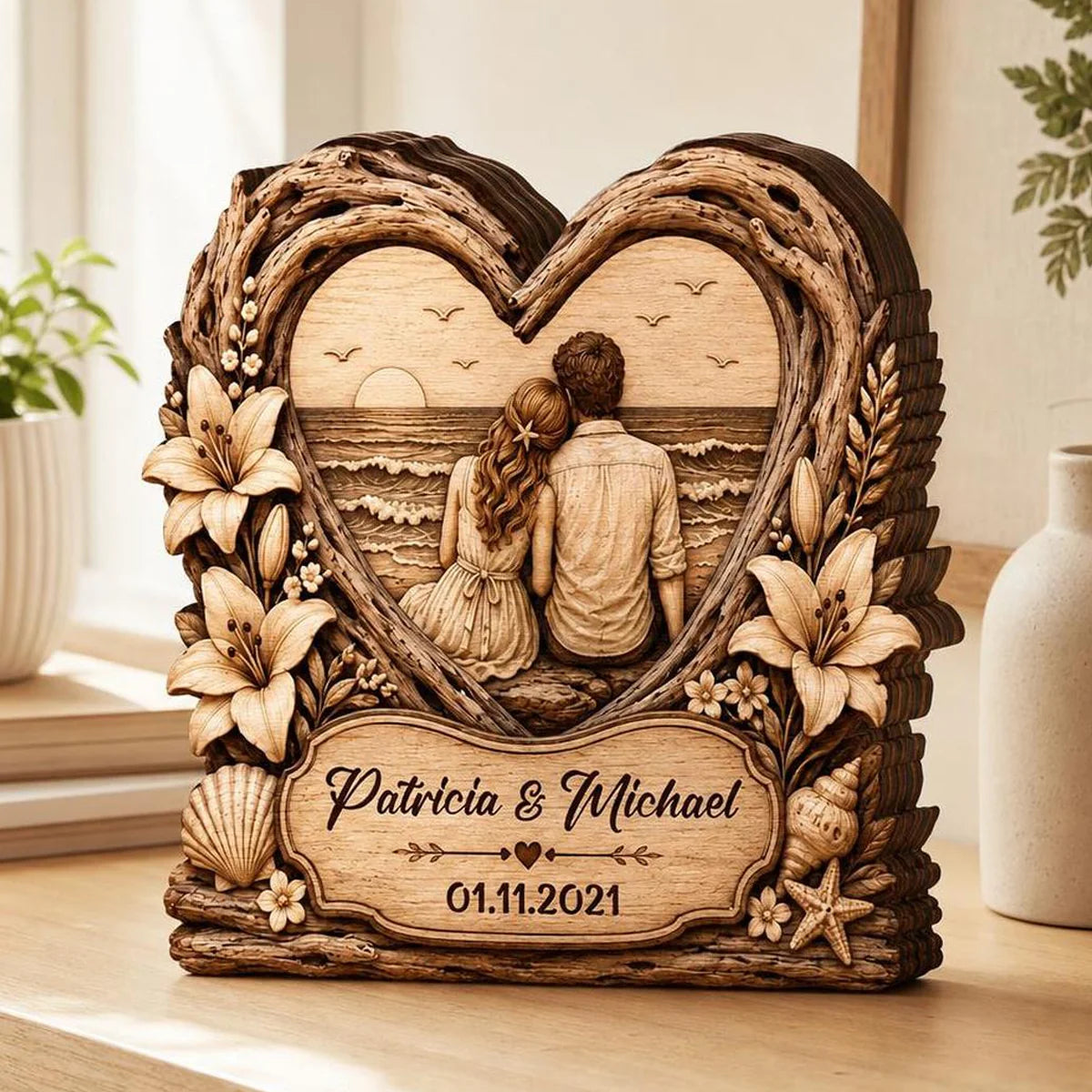 Beach Sunset Couple Heart Personalized Wooden Block - Keepsake Gift for Wife or Husband