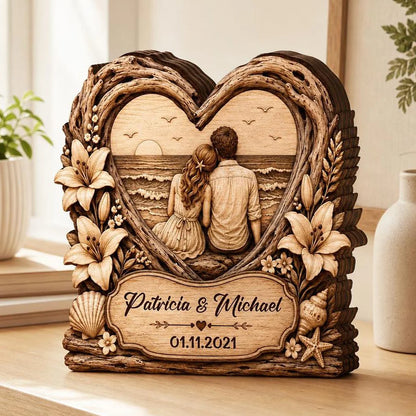 Beach Sunset Couple Heart Personalized Wooden Block - Keepsake Gift for Wife or Husband