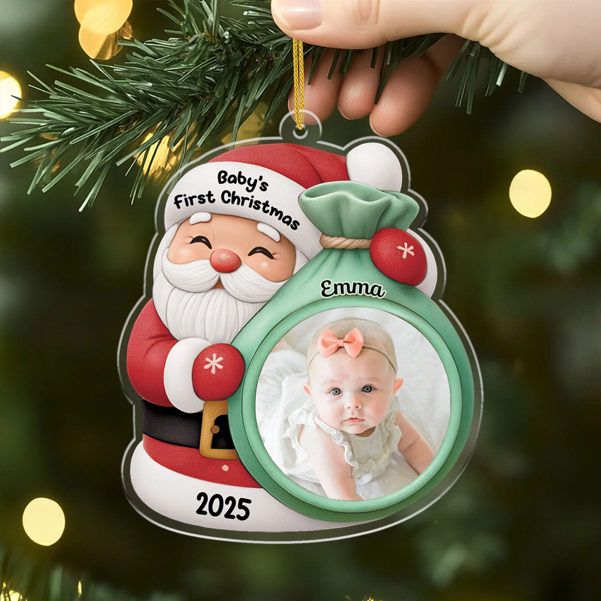 "Baby's First Christmas" Personalized Acrylic Ornament with Photo & Name - Custom Santa Keepsake Gift for Family