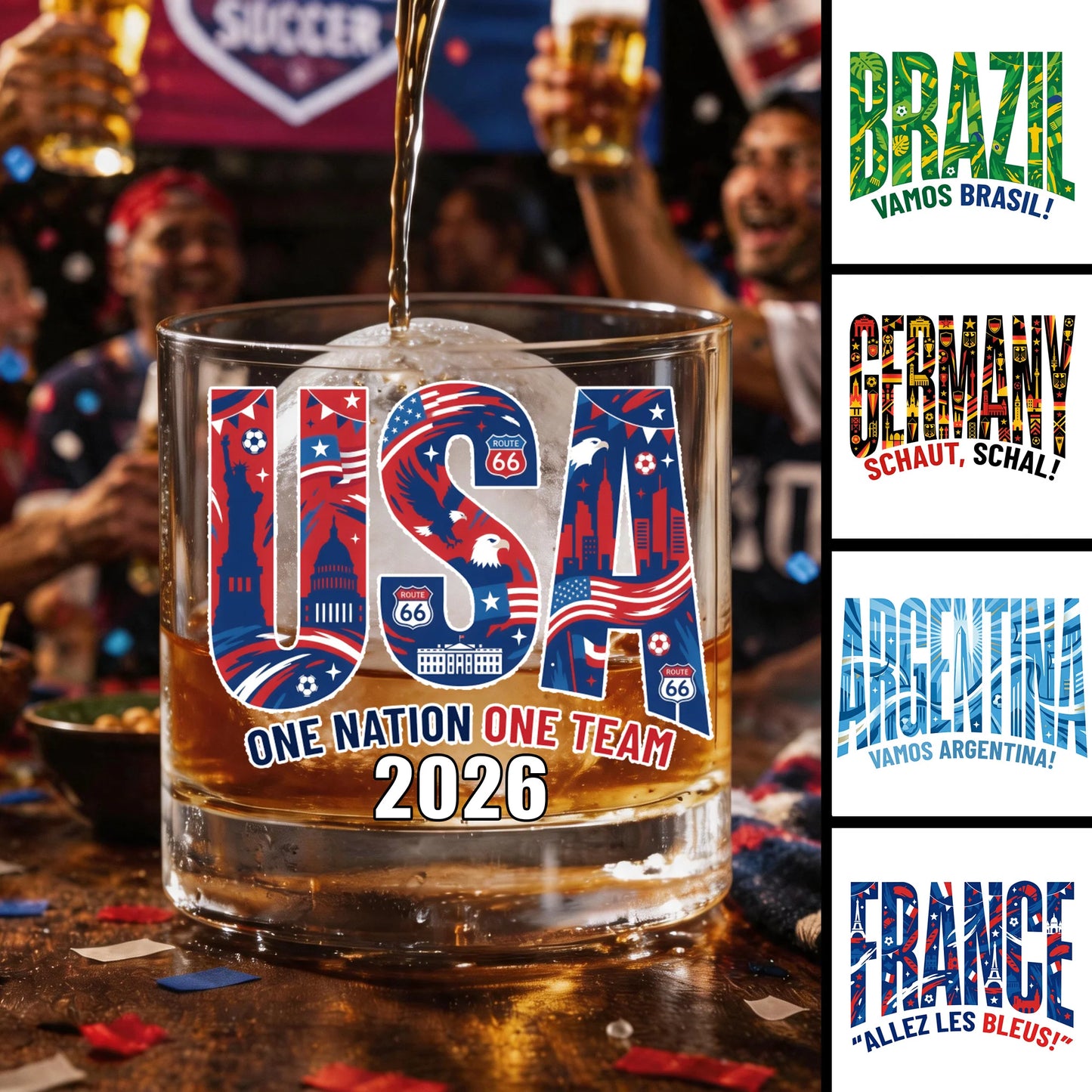 Custom 2026 soccer country whiskey glass featuring USA and Brazil national football team artwork for sports fans