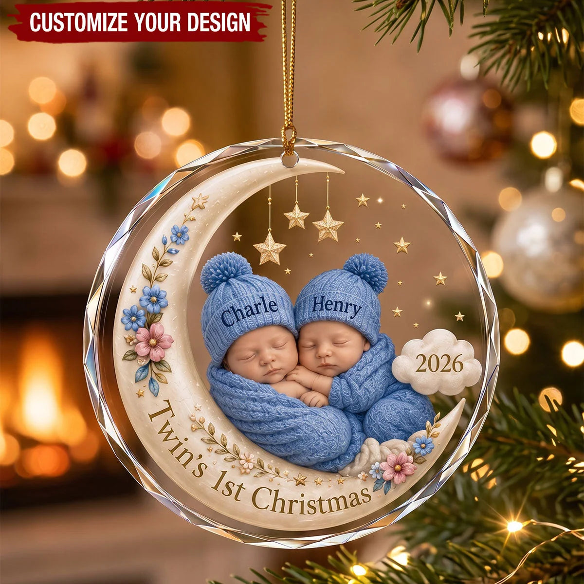 Twin's 1st Christmas Personalized Glass Ornament - Custom Twin Babies Holiday Keepsake