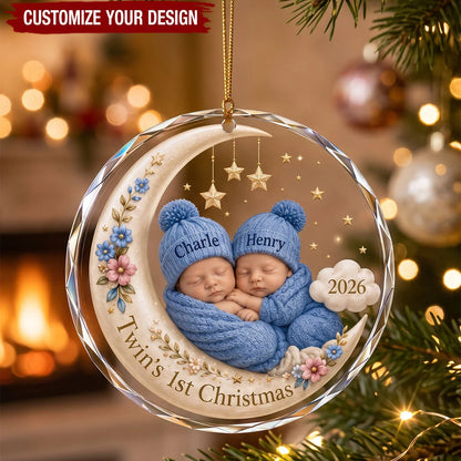 Twin's 1st Christmas Personalized Glass Ornament - Custom Twin Babies Holiday Keepsake