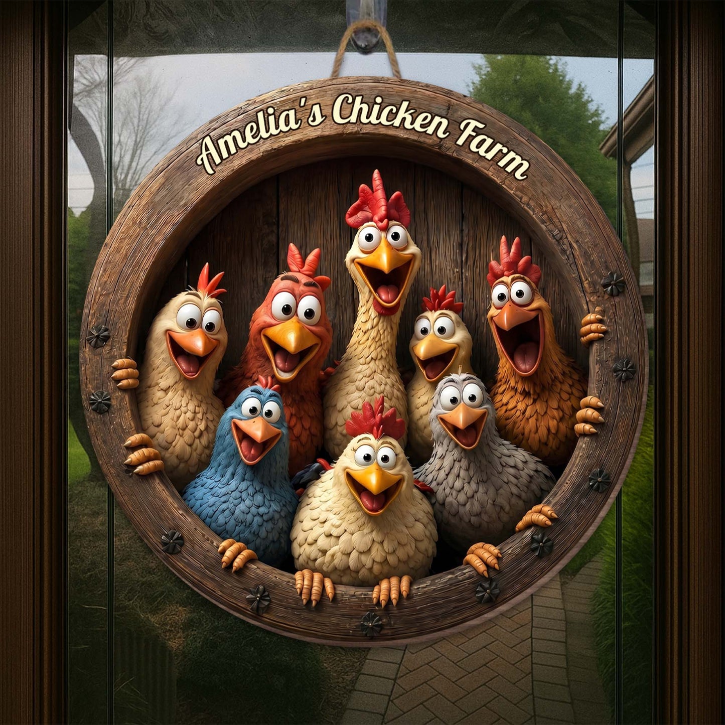 Personalized chicken farm wood sign featuring funny cartoon chickens peaking out of a barrel for rustic farmhouse decor image 6