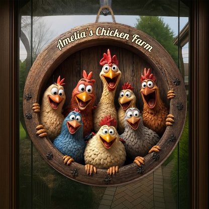 Personalized chicken farm wood sign featuring funny cartoon chickens peaking out of a barrel for rustic farmhouse decor image 6