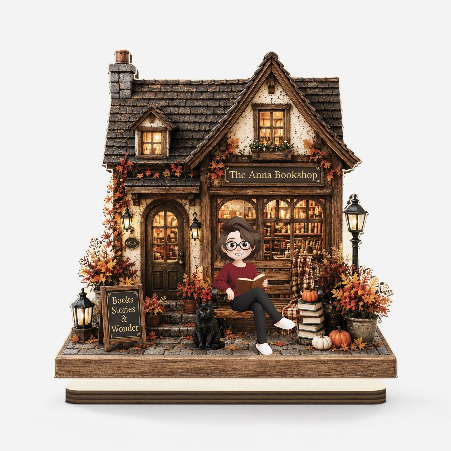 Personalized Fall Bookshop Wooden Plaque - Books Stories & Wonder Custom Book Lover Gift