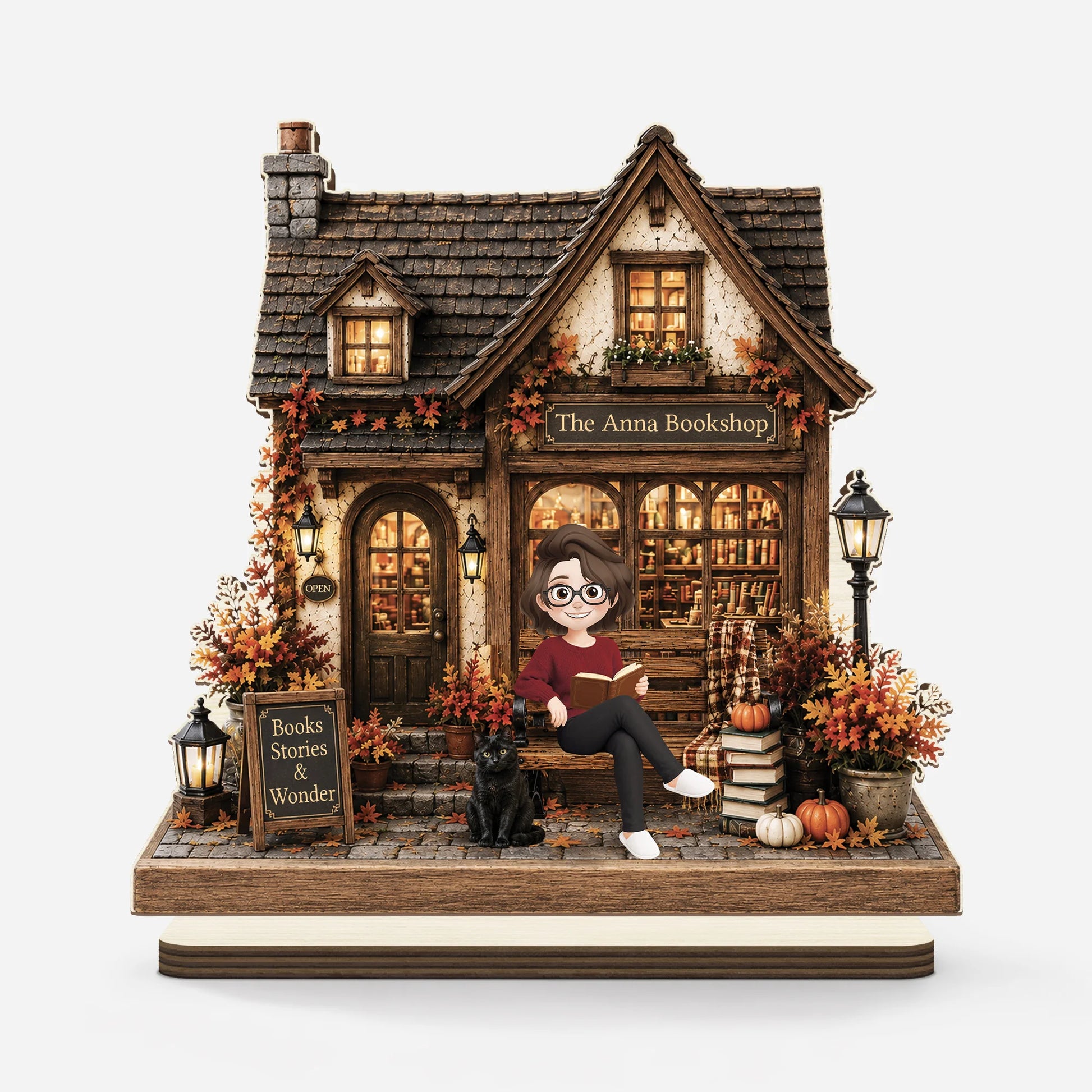 Personalized Fall Bookshop Wooden Plaque - Books Stories & Wonder Custom Book Lover Gift