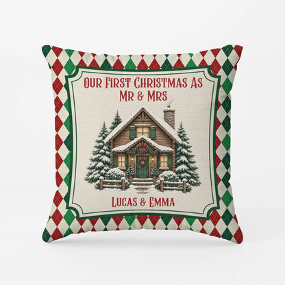 Personalized Our First Christmas Mr & Mrs Pillow - Custom Newlywed Winter Wedding Keepsake Gift for Couples