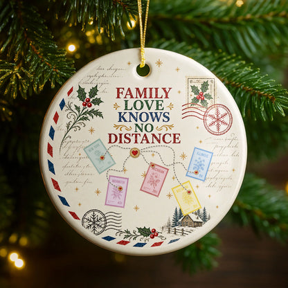 "Family Love Knows No Distance" Personalized Ceramic Ornament - Long Distance Christmas Keepsake Gift for Family