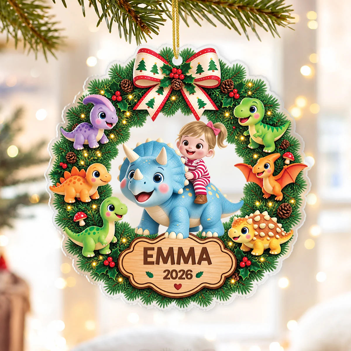 Personalized Dinosaur Christmas Wreath Acrylic Ornament - Custom Name Keepsake Gift for Kids