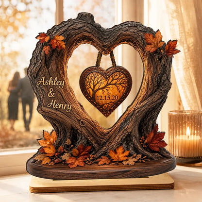 Custom Couple Heart Tree Wooden Plaque - Personalized Fall Season Anniversary Gift