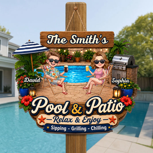 Personalized pool and patio sign with custom couple name and cartoon characters chilling poolside, backyard decor gift