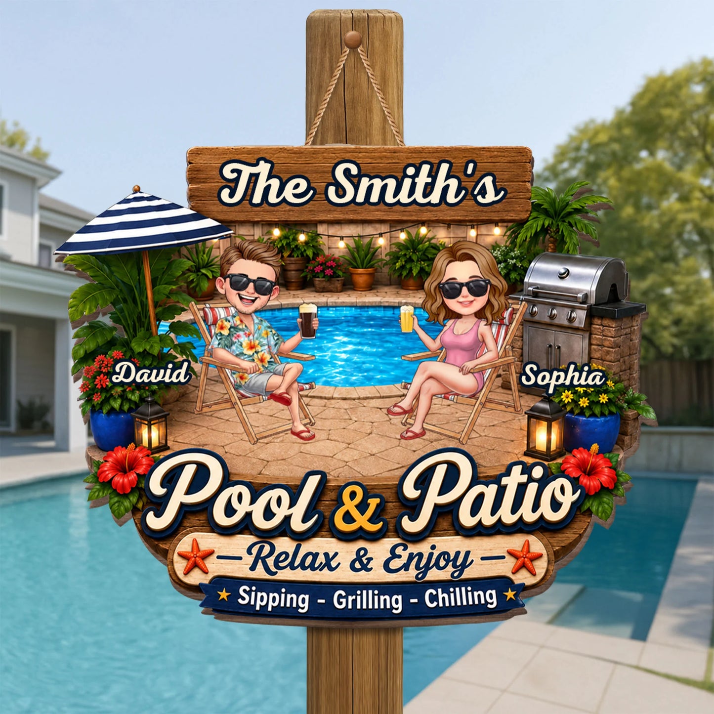 Personalized pool and patio sign with custom couple name and cartoon characters chilling poolside, backyard decor gift