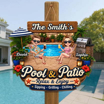 Personalized pool and patio sign with custom couple name and cartoon characters chilling poolside, backyard decor gift