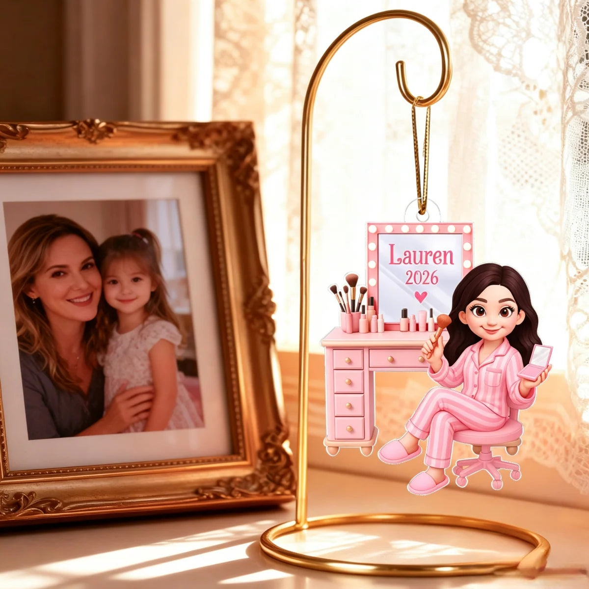 Personalized Pink Makeup Acrylic Ornament - Custom Vanity Christmas Gift for Daughter & Granddaughter