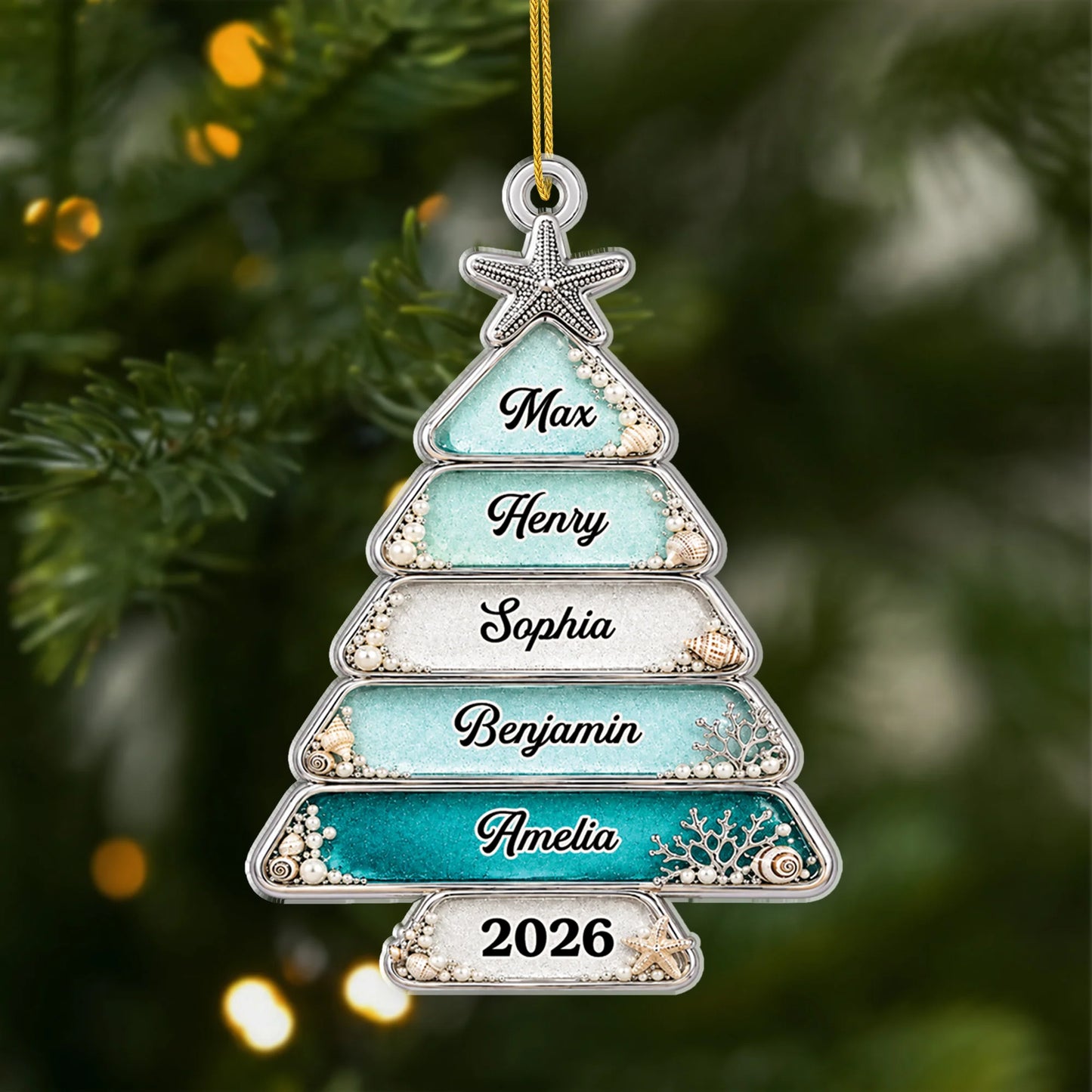 Custom Sea Glass Family Christmas Tree Acrylic Ornament - Personalized Holiday Keepsake Gift for Family