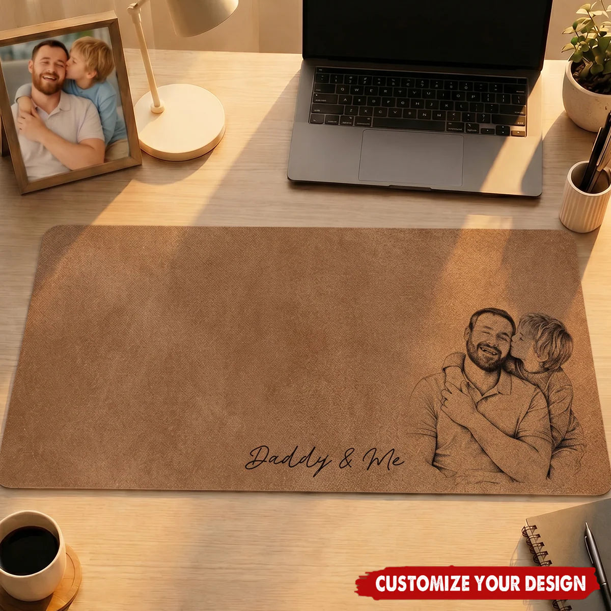 Custom Photo Sketch Leather Desk Mat personalization view for Dad