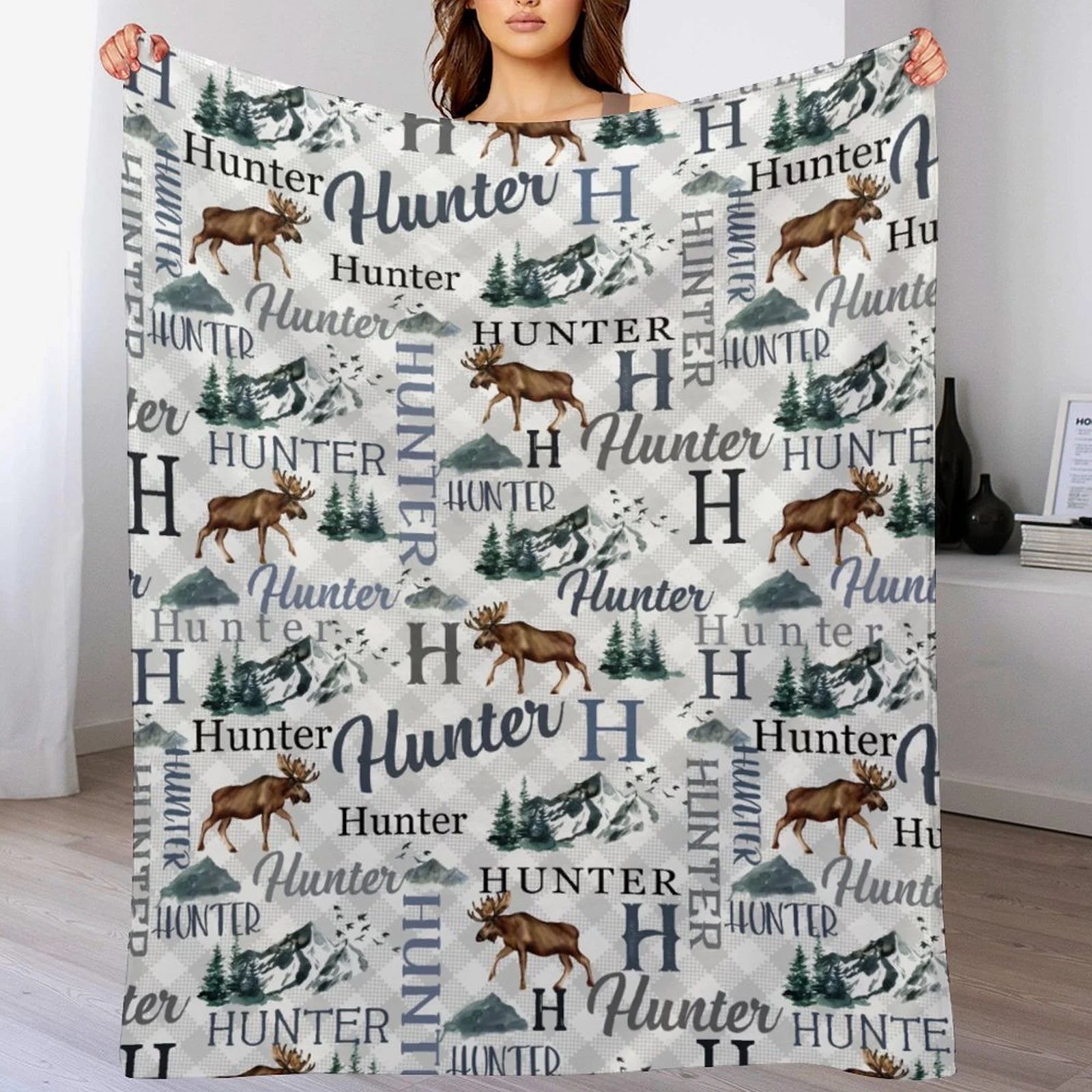 Personalized Moose Name Blanket - Custom Mountain Outdoors Throw Blanket for Nursery and Camping