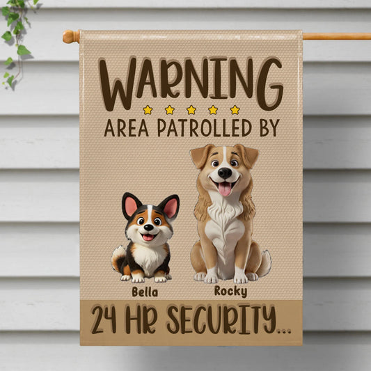 Personalized dog garden flag with Warning Area Patrolled By 24 HR Security text for pet lovers outdoor yard decor