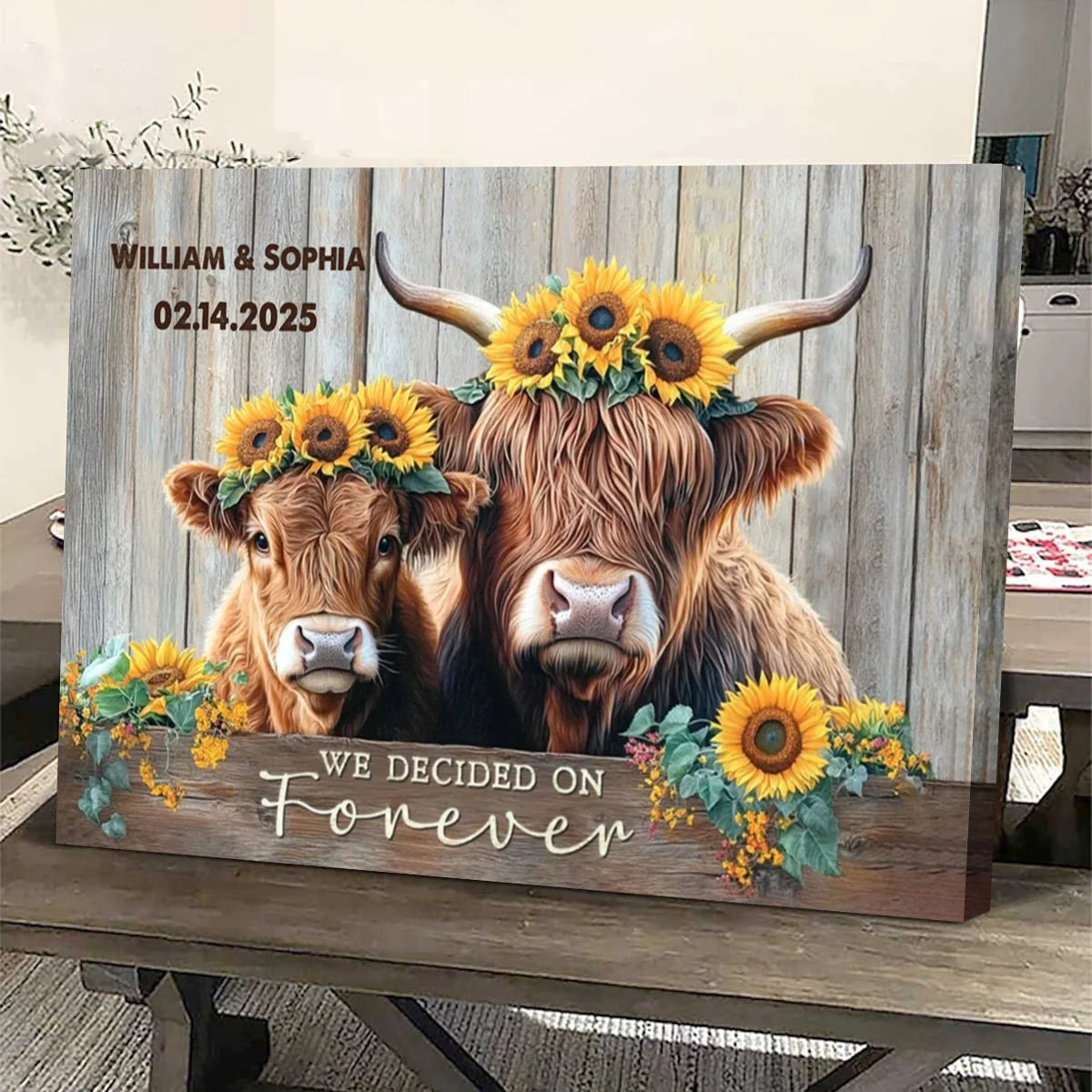 "We Decided On Forever" Personalized Highland Cows Canvas / Poster - Custom Rustic Couples Gift Art for Anniversary & Wedding