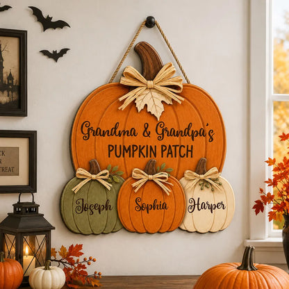 Grandma & Grandpa's Pumpkin Patch Personalized Wood Sign - Custom Grandparents Fall Door Hanger